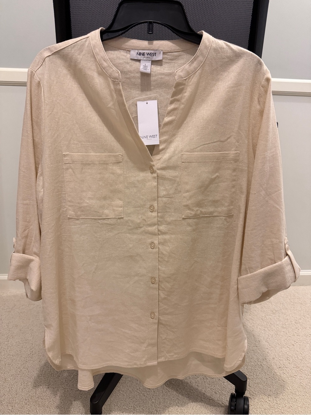 Nine West Beige Button-Front Pocket Shirt